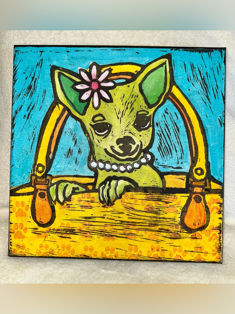 Chihuahua Dog Pop Art Painting 12x12 Canvas Kitsch Green Puppy Purse
